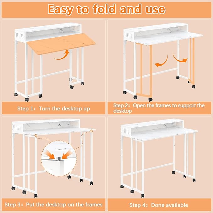 Gezen Folding Desk With Storage Shelf Small Rolling With Wheels Mobile Couch Sofa Side Table Bed for Home Office Small Space White Marble 39.4