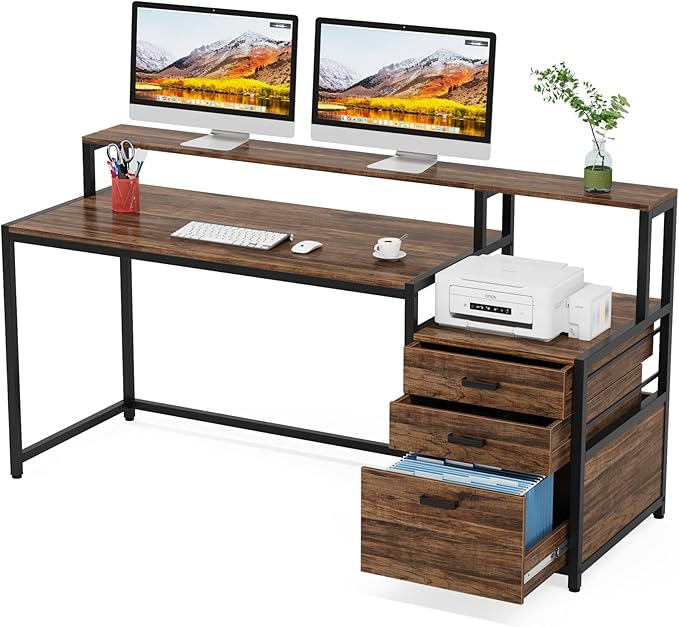 Tribesigns 63 Inch Computer Desk with File Drawer Cabinet Ergonomic Office Desk with Monitor Stand Industrial Computer Table with Printer Space Wood PC Table Workstation Desk for Home Office