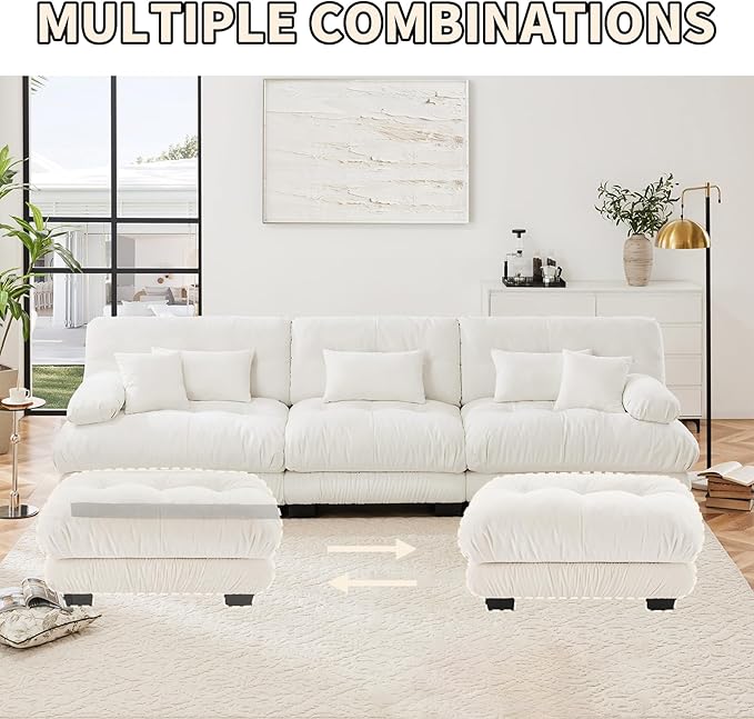 173.2 Deep Seat Modular Sofa Set Chenille Fabric Large Sectional Couches for Living Room 4 Seater Modern Cloud Couch with 1 Ottoman for Apartment or Bedroom L Shaped White