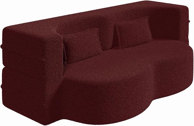 Aoowow Folding Sofa Bed 78” Convertible Sleeper Sofa with Pillows Modern Teddy Fabric Floor Loveseat Couch Comfy Foam Filled Couches Folding Mattress for Living RoomBurgundy
