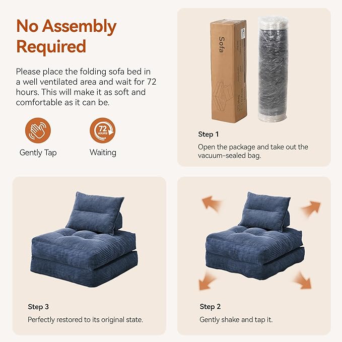 Folding Sofa Bed Fold Out Chair Bed with Pillow Convertible Sleeper Chair for Living Room/Small Spaces Foldable Lazy Sofa Bed Floor Chair Comfy Corduroy Couch Bed Navy Blue