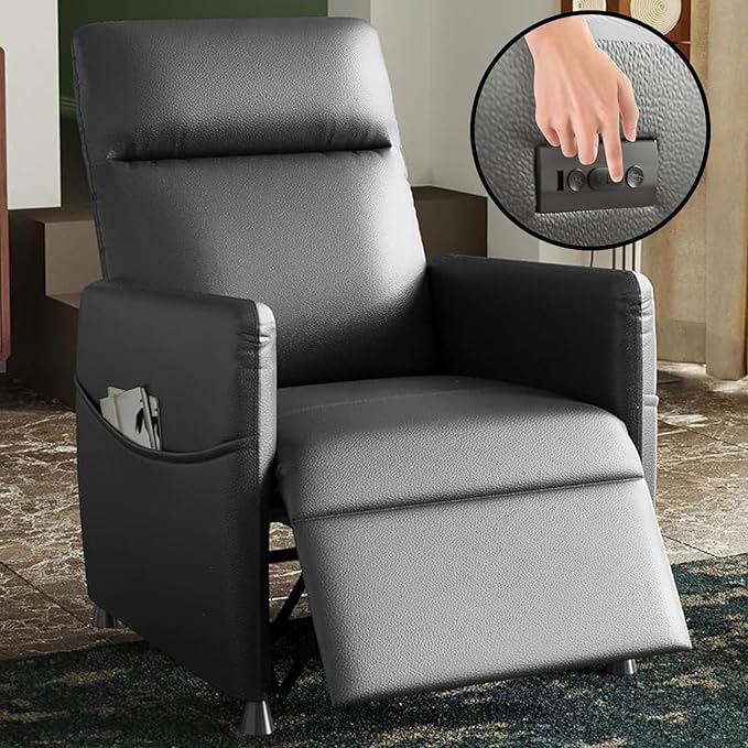 Black Power Recliner Chairs for Adults Lash Chair &amp Lay Flat Recliner for Small Spaces Living Room Bedroom Offices Theater Adjustable Footrest &amp Backrest/Side Pockets/USB (Black)
