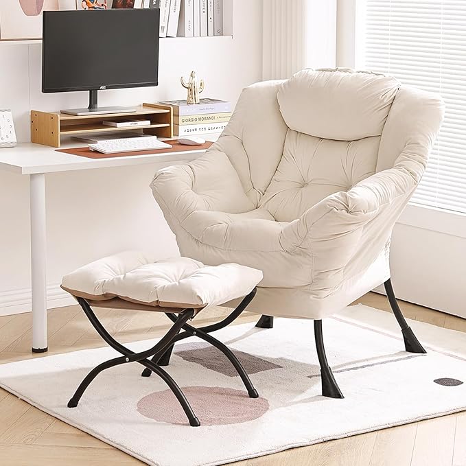 Lazy Chair with Ottoman Modern Chair with Folding Footrest Lounge Accent Chair Comfortable Reading Chair Oversized Armchairs for Bedroom Study Living Room Courtyard (Beige)
