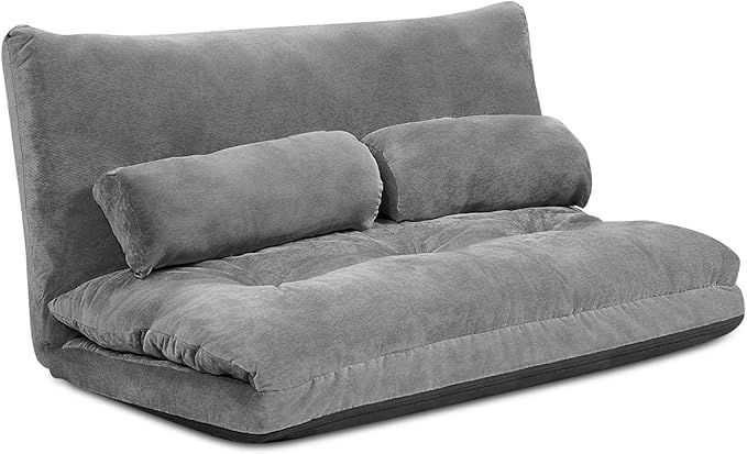 Giantex Adjustable Floor Sofa Couch with 2 Pillows Multi-Functional 6-Position Foldable Lazy Sofa Sleeper Bed Multi-Functional Suede Floor Seating Sofa for Reading Gaming (Gray)