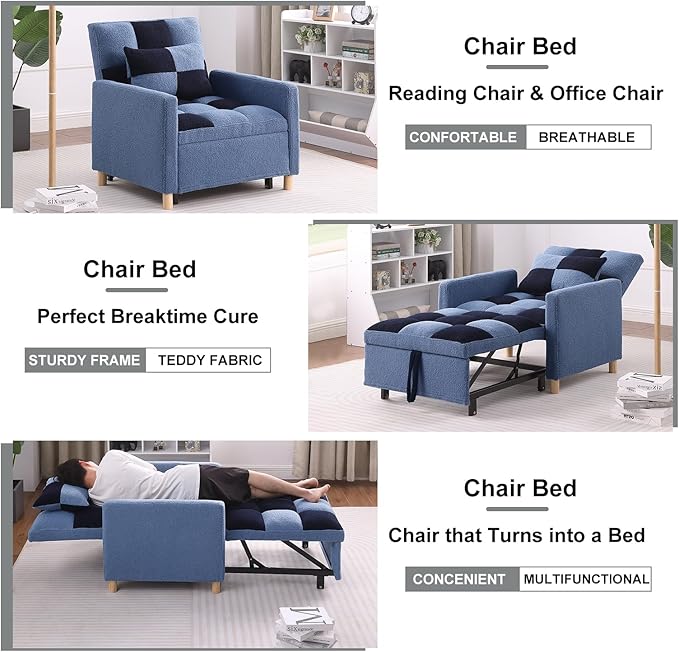 3-in-1 Convertible Chair Bed Single Sofa Bed Pull Out Sleeper with Adjustable Backrest Lounger for Living Room (Blue)