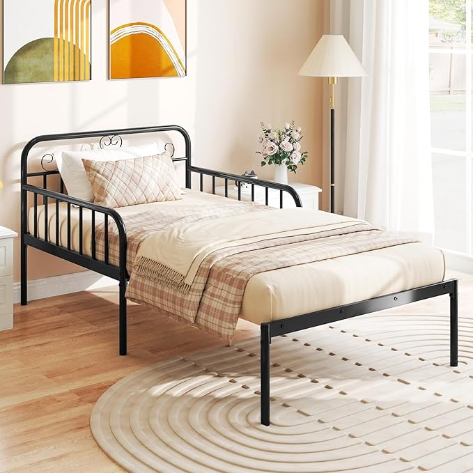 Giantex Metal Twin Bed Frame Convertible Sofa Bed with Headboard &amp Armrests Pull-Out Sleeper Chair Bed for Small Spaces Dorm Guest Apartment Suitable for Folding Sofa Mattress (Black)