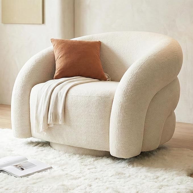 Swivel Barrel Accent Chair Wool Fleece Upholstered Armchair Round Modern Armchair 360° Swivel No Assembly Required Comfy Reading Sofa Seat for Living Room Bedroom and Apartment Pure White.
