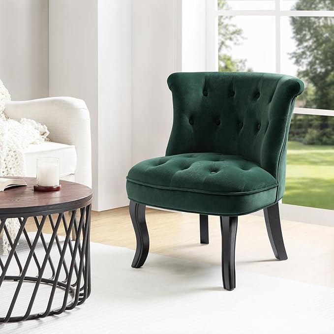 HULALA Home Velvet Accent Chair Modern Upholstered Fabric Armless Wingback Chair with Solid Wood Legs Comfy Tufted Vanity Club Chair for Reading Living Room Bedroom Guest Room Pine Green