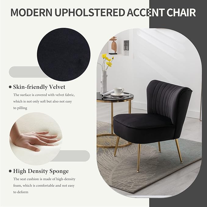 KCC Modern Velvet Upholstered Accent Chair Set of 2Mid Century Living Room Chairs with Golden LegsComfy Armless Chair Wingback Single Sofa Side Chair for BedroomBlack