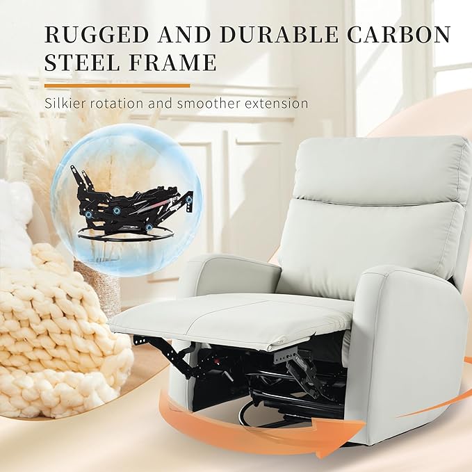 Swivel Rocker Recliner Chair for Nursery Upholstered 360° Leather-air Glider Rocking Chair with Phone Holder Manual Small Recliners for Small Spaces Living Room