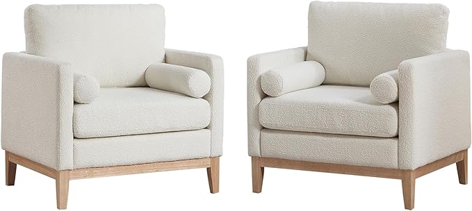 35.4 Modern Boucle Accent Chair with Deep Seat Oversized Wooden Upholstered Armchair Single Sofa Lounge Reading Chairs Large Accent Chair for Living Room/Bedroom/Office (Ivory &amp Style 1)