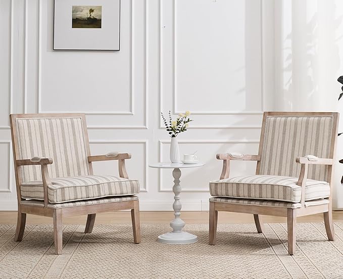 chairus Farmhouse Linen Accent Chair Set of 2 Upholstered Reading Chair with Solid Wood Frame Lounge Arm Chair with High Back for Living Room Reception Room Waiting Room Khaki Stripe