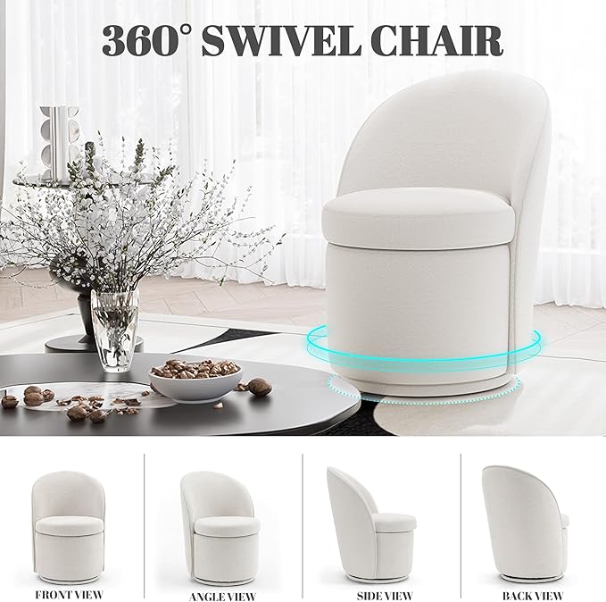 Rowill 360 Degree Swivel Vanity Chair with Back Modern Round Upholstered Accent Chairs Boucle Fabric for Living Room Reading Nook Makeup &amp Vanity Chair Easy Assembly White