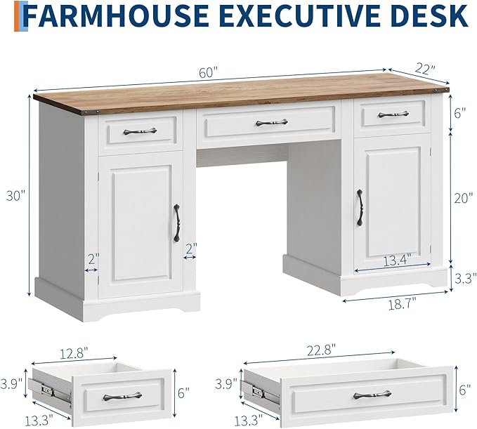 CuisinSmart 60 Farmhouse Executive Desk with Drawers Wooden Home Office Desks with Storage Cabinet Rustic Computer Desk for Working Studying Writing White
