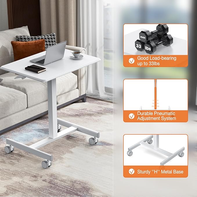 Sweetcrispy Small Mobile Rolling Standing Desk - Overbed Table Mobile Portable Rolling Laptop PC Table with Locking Wheels Adjustable Height Computer Workstation for Home Office 19 InchWhite