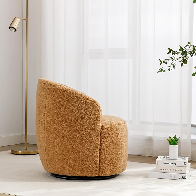Swivel Barrel Accent Chair 360° Swivel Chair with Black Powder Coating Metal Ring Small Leisure Chair Single Sofa Chair for Living Room Hotel Bedroom Office Coffee Shop (Khaki + Wool)