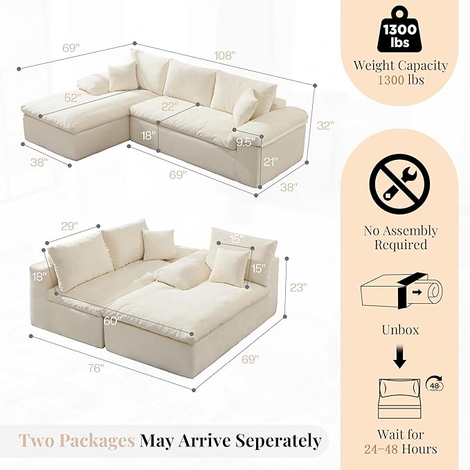 Jocisland 108-Inch Boneless Sofa No Assembly Required Cloud Sofa with Memory Foam Oversized L-Shaped Couch with Deep Seat and Oversized Chaise Modern Chenille Sectional for Living Room White