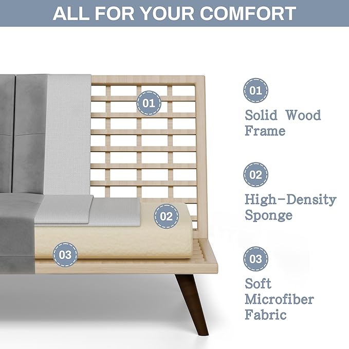 JAMFLY Futon Couch Sofa Bed Convertible Small Sleeper Sofa Chair Loveseat with Cup Holder for Small Spaces Living Room Bedroom Gameroom Apartment Dorm (Light Gray)