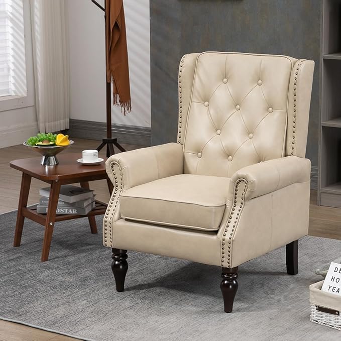 Mid-Century Wingback Chair PU Leather Accent Chair with Buttons Modern Living Room Lounge Sofa Chair with Rivet DecorationSingle Club Armchair for Bedroom Home Reception(PU Camel)