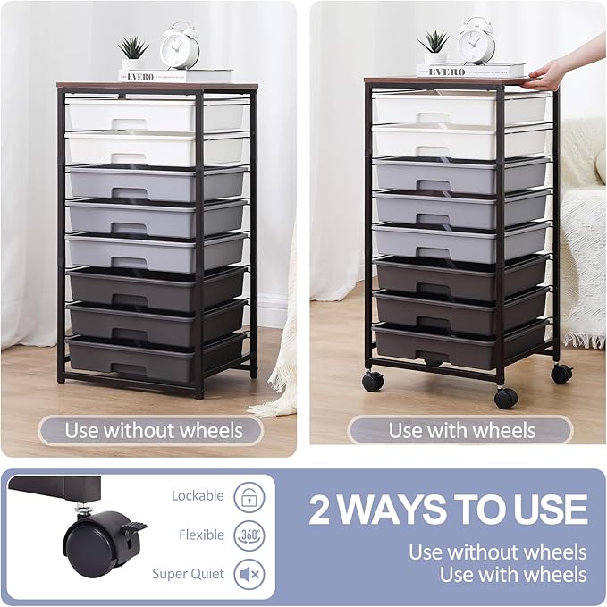 Rolling Cart with DrawersUtility Cart With 8 Drawers and Wooden Tabletop for Living RoomClassroomBedroomBathroomDormOfficeDark Grey