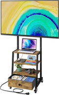 Rolling TV Stand with Wheels and Mount &amp Fabric Drawer - Entertainment Center with Power Outlet and Small TV Stand for Bedroom Living Room - 15 Rustic Brown