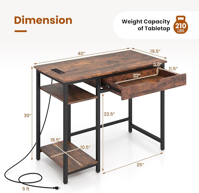 Tangkula Computer Desk with Charging Station 40” Industrial Home Office Desk with Drawer &amp Adjustable Shelf Compact Computer Workstation with CPU Stand &amp Headphone Hooks Study Writing Desk