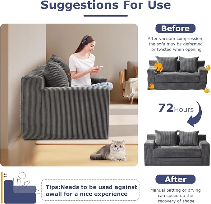 Convertible Sofa Bed Boneless Couch Loveseat Sleeper 2 in 1 Folding Couch Bed Fold Out Comfy Floor Futon Sofa with Pillows for Living Room Bedroom Grey