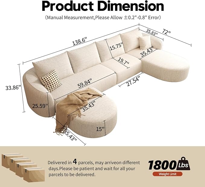 138.6 Modular Sectional Couches Luxury Modern Curved Back U-Shape Sofa Set with OttomanMinimalist Comfy Boneless Cloud Couch for Living Room Apartment(Right Facing ChaiseWhite)
