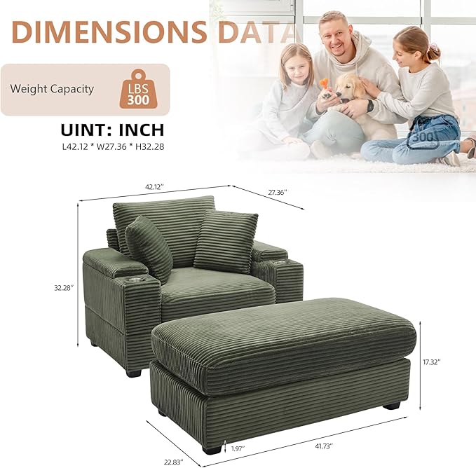 50 Oversized Chaise Lounge Chair Indoor with Ottoman and Storage Deep Seat Upholstered reading Chair Comfy Corduroy Sleeper Chair with Cup Holder Reclining Chair for Living Room Bedroom Green