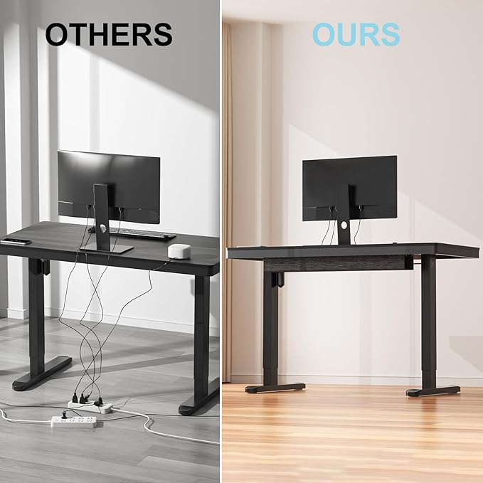 Electric Standing Desk with Drawer and Wireless Charging 48 Inch Sit Stand Desk with USB Charging Station Hidden Cable Management Tray Height Adjustable Computer Desk for Home Office Walnut