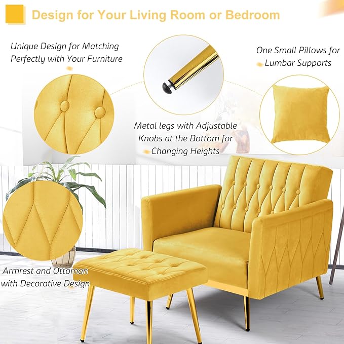 Velvet Accent Chair w/Adjustable Armrests and Backrest Button Tufted Lounge Chair Single Recliner Armchair with Ottoman and Pillow for Living Room BedroomYellow
