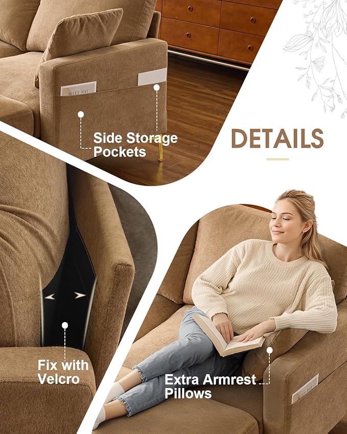 Karl home 99.6 Sectional Sofa U-Shaped Chenille Upholstered Couch with 2 Movable Ottomans 3-Seater Cloud Couches Comfy Deep Seat Sofa for Living Room Apartment Office Khaki