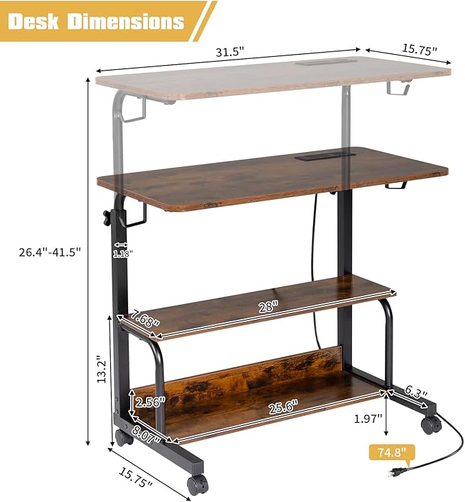 Vasitelan Mobile Computer Desk for Small Space Rolling Writing Desk with Wheels Home Office Study Portable Storage Gaming Table with 3 USB + 2 AC Outlets (Brown)
