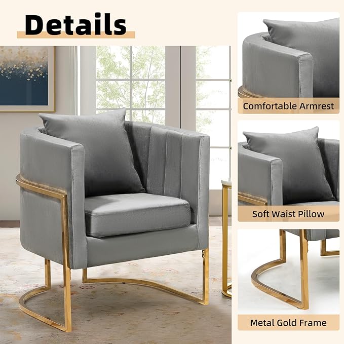 Velvet Modern Accent Chair Upholstered Barrel Armchair Mid Century with Pillow for Living Room Comfy Single Vanity Chair with Metal Gold Legs for Bedroom Grey