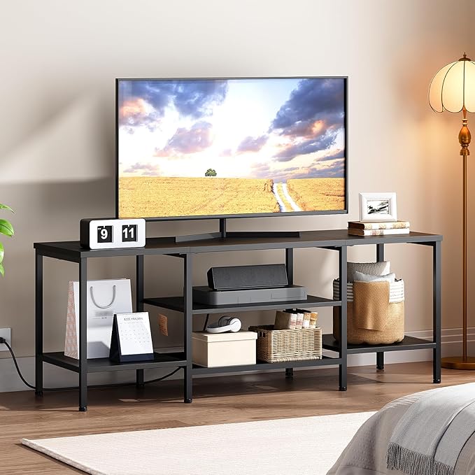 HOOBRO TV Stand with Power Outlets to 65 Inches TV Console Table with Open Storage Shelves Industrial Media Entertainment Center for Living Room Bedroom Black BB40DS01
