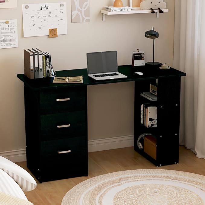 Computer Desk with DrawersStanding Desk with Storage RacksWriting Desk for Home Office or Bedroom(Black)