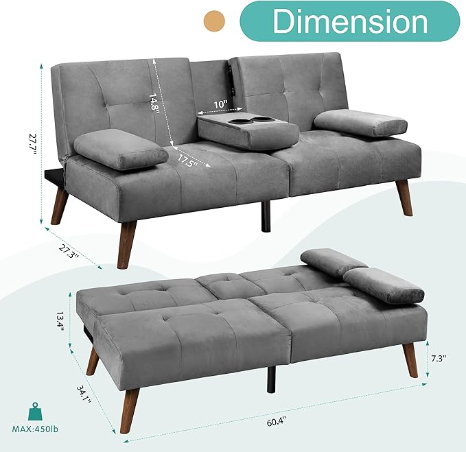 Meilocar Futon Sofa Bed Convertible Sofa Bed with Removable Armrests Adjustable Recliner for Small Space 2 Cup Holders 3 Angles Light Grey
