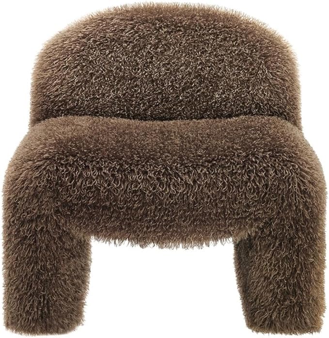 MAKLAINE Contemporary Faux Fur Upholstered Accent Chair Brown Shaggy Fabric Rounded Low-Profile Armless Design Sled Base with Non-Marking Foot Caps Living Room or Bedroom Seating