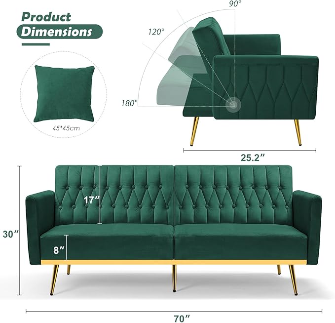 70 Velvet Futon with Adjustable Backrest and Armrests Sofa Bed with Extra Pillows for Waiting Room Living Room and Office Green