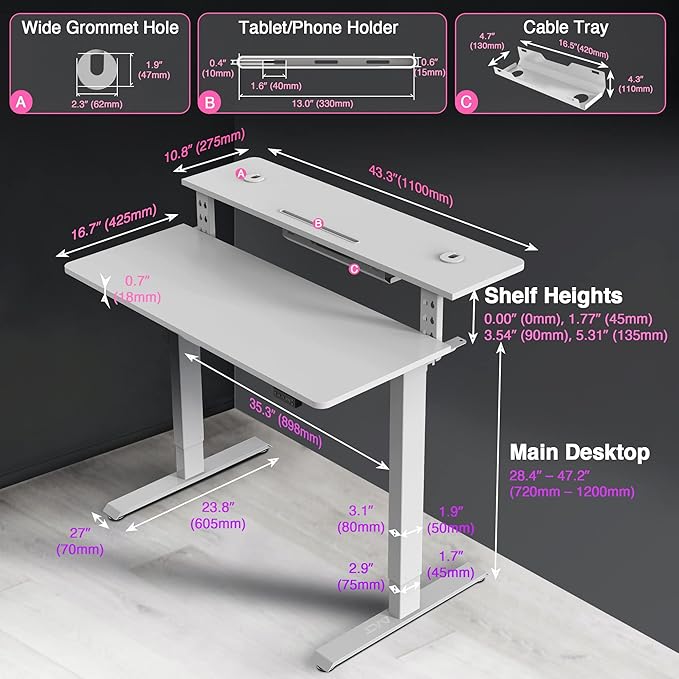 AVLT 47″ Electric Standing Desk with Dual-Tier Shelf &amp Tablet Holder – Height Adjustable Sit-Stand Desk for Home Office Motorized Frame Supports 176 lbs (80kg) Includes Tabletops – White