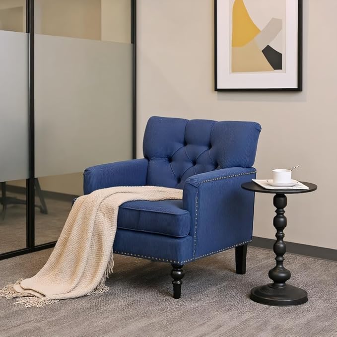 Accent Armchair Tufted Club Chair Upholstered Button Armchair with Lumbar Pillow Linen Fabric Sofa Chairs for Bedroom Living Room Mid Century Modern Reading Chair with Studded Blue