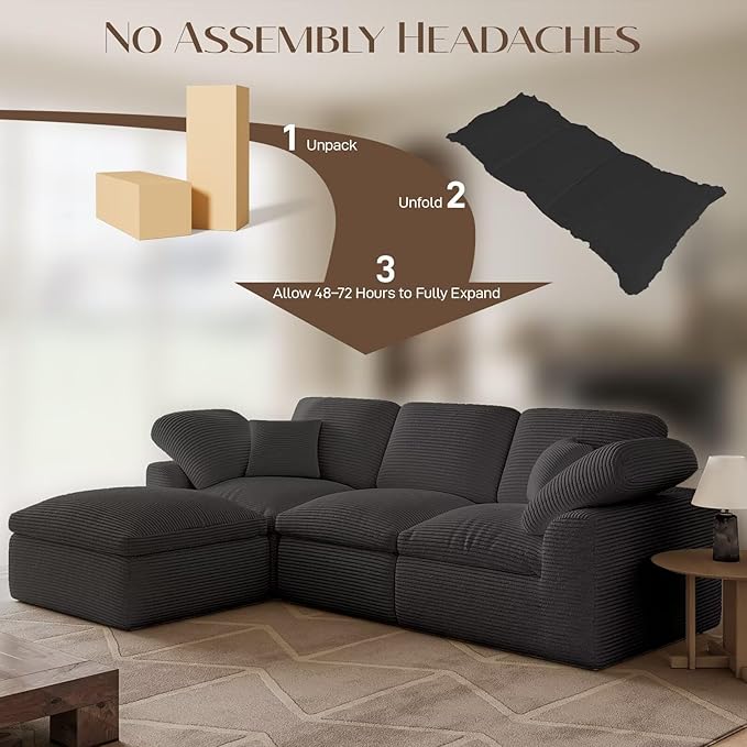 Cloud Sectional Couches for Living Room 4 Seater Cloud Modular Couch L Shaped Corduroy Sectional Sofas with Ottoman Boneless Comfy Sofa for Apartment No-Assembly Grey