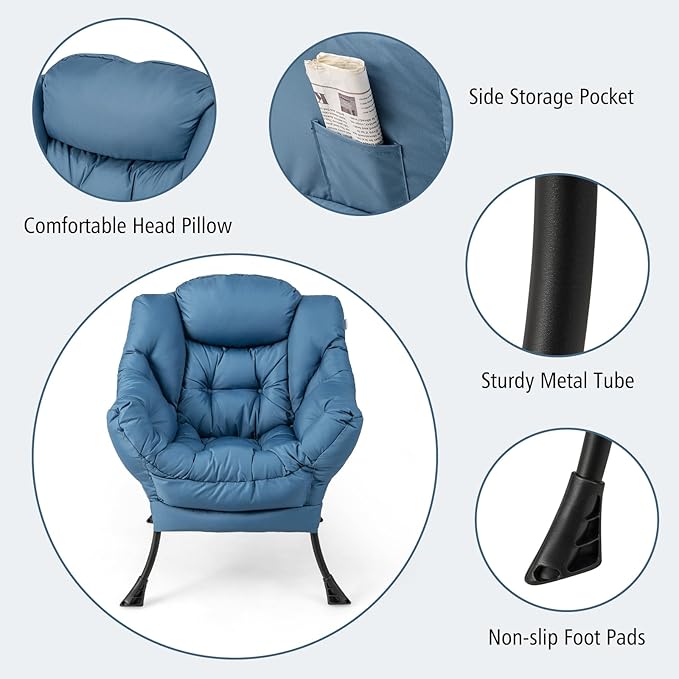 Giantex Lazy Chair with Ottoman Accent Sofa Chair with Folding Footrest Side Storage Pocket Upholstered Leisure Lounge Armchair with Stool for Bedroom Living Room Office Blue