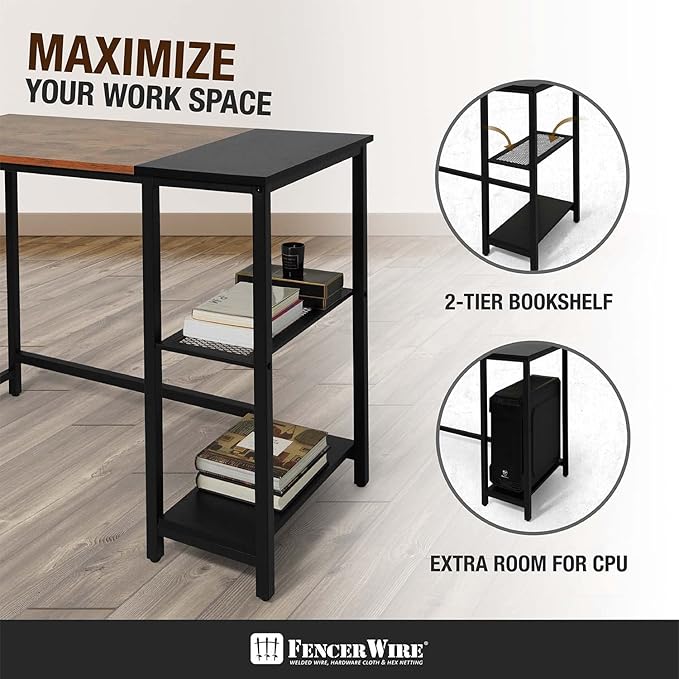 Fencer Wire 40 Inch Home Office Computer Desk with 2-Tier Storage Shelves Study Writing Desk Simple Industrial Modern PC Workstation with Splice Board Rustic Oak Wooden Table and Metal Frame