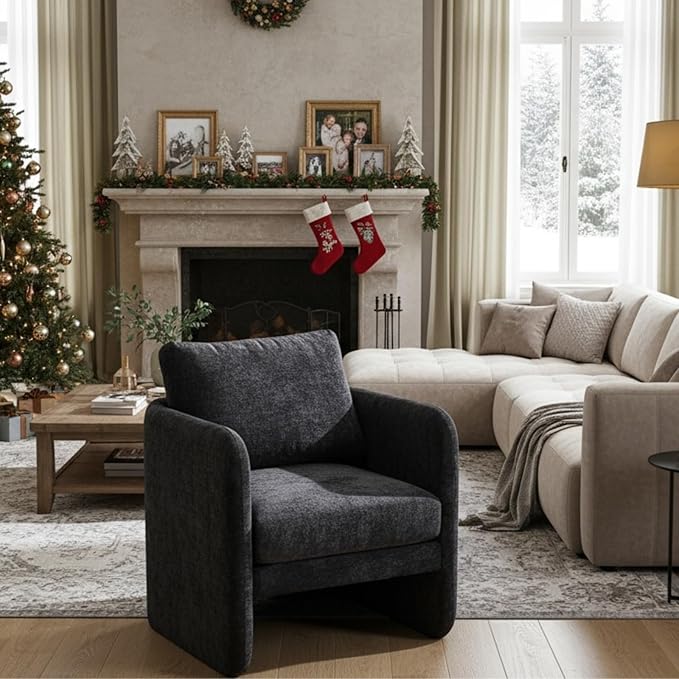 Modern Barrel Accent Chair Mid-Century Beige Chenille Fabric Armchair for Living Room Comfy Upholstered Reading Accent Chairs Single Sofa Chair for Bedroom Waiting Room Office1 PCS Black