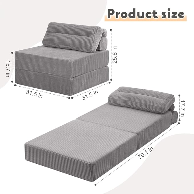 MeMoreCool Folding Sofa Bed Single Grey – Convertible Sleeper Chair with Back Support | Foldable Floor Lounge Mattress Chair with Headrest &amp Lumbar Pillow Ideal for Living Room Bedroom Guest Spa