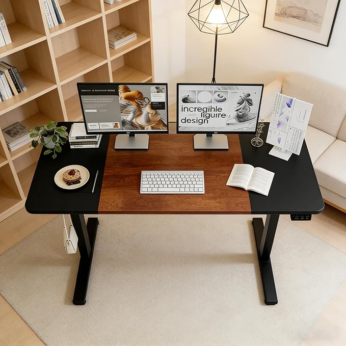 Electric Standing Desk 55 x 24 Inch Height Adjustable Desk Sit Stand Desk with Type-C Charging and Memory Preset Computer Desk for Home Office (Black + Brown)