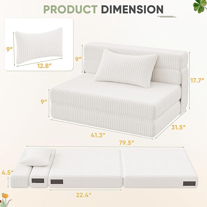 Homall Folding Sofa Bed Floor Couch Convertible Sleeper Chair with Pillow Comfy Futon Lounge Sofas Portable Fold Out Chair Bed for Living Room Small Space (Corduroy Cream)