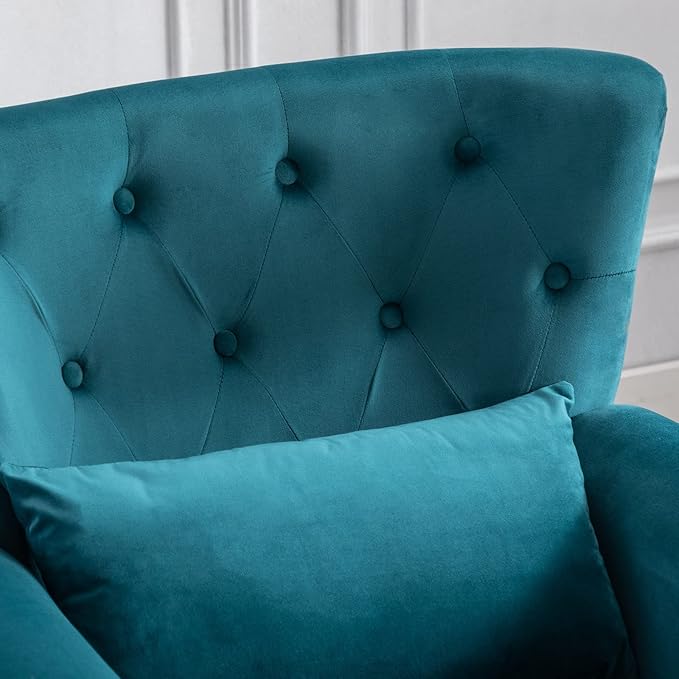 Accent Reading Arm Chairs for Living Room Bedroom Midcentury Modern Comfy Corner Sofa Chair Wingback Waiting Room Club Chair with Button Tufted Back &ampLumbar Pillow Velvet Teal