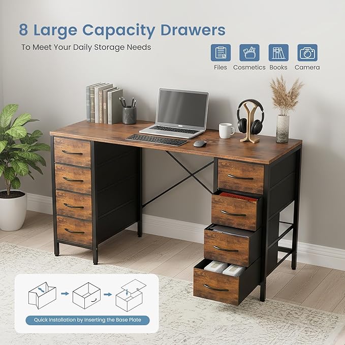 DUMOS 47 Inch Computer Desk with 8 Fabric Drawers Office Gaming Desk with Storage Writing Study Table with X-Shaped Reinforced Structure Rustic Brown